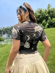 SHEIN EZwear Talla grande Top con estampado de galaxia ribete en forma de lechuga de malla sin sujetador - Negro - Ver 2
