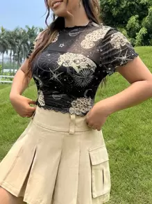 SHEIN EZwear Talla grande Top con estampado de galaxia ribete en forma de lechuga de malla sin sujetador - Negro - Ver 3