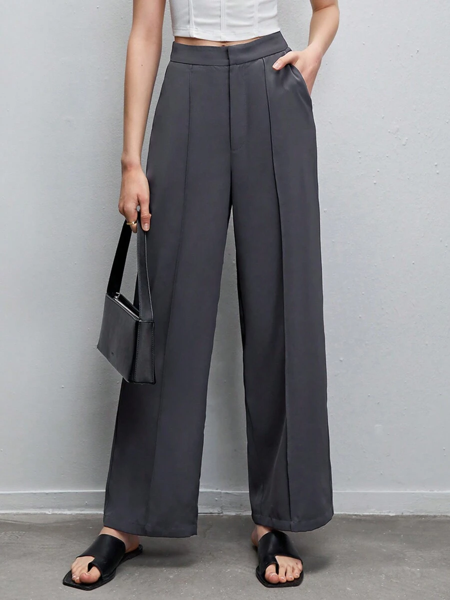 BizChic Chất rắn Túi nghiêng quần ống rộng Quần tây Trang phục làm việc - Màu xám đen - Xem 1