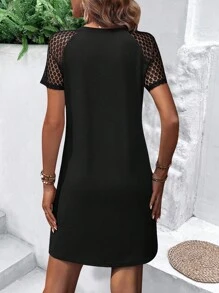 SHEIN LUNE Contrast Lace Raglan Sleeve Button Detail Tee Dress - Black - View 2