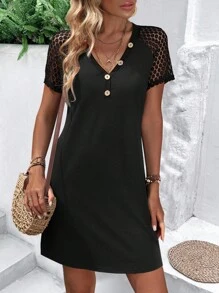 SHEIN LUNE Contrast Lace Raglan Sleeve Button Detail Tee Dress - Black - View 3