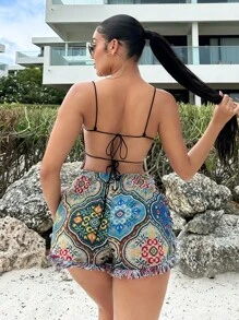 SHEIN SXY con estampado Top de tirantes & de cintura con cordón Shorts
