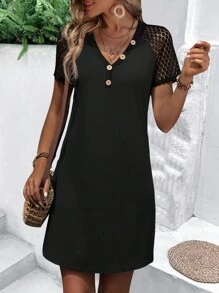 SHEIN LUNE Contrast Lace Raglan Sleeve Button Detail Tee Dress - Black - View 6