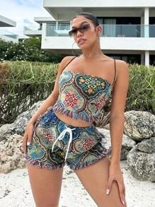 SHEIN SXY con estampado Top de tirantes & de cintura con cordón Shorts