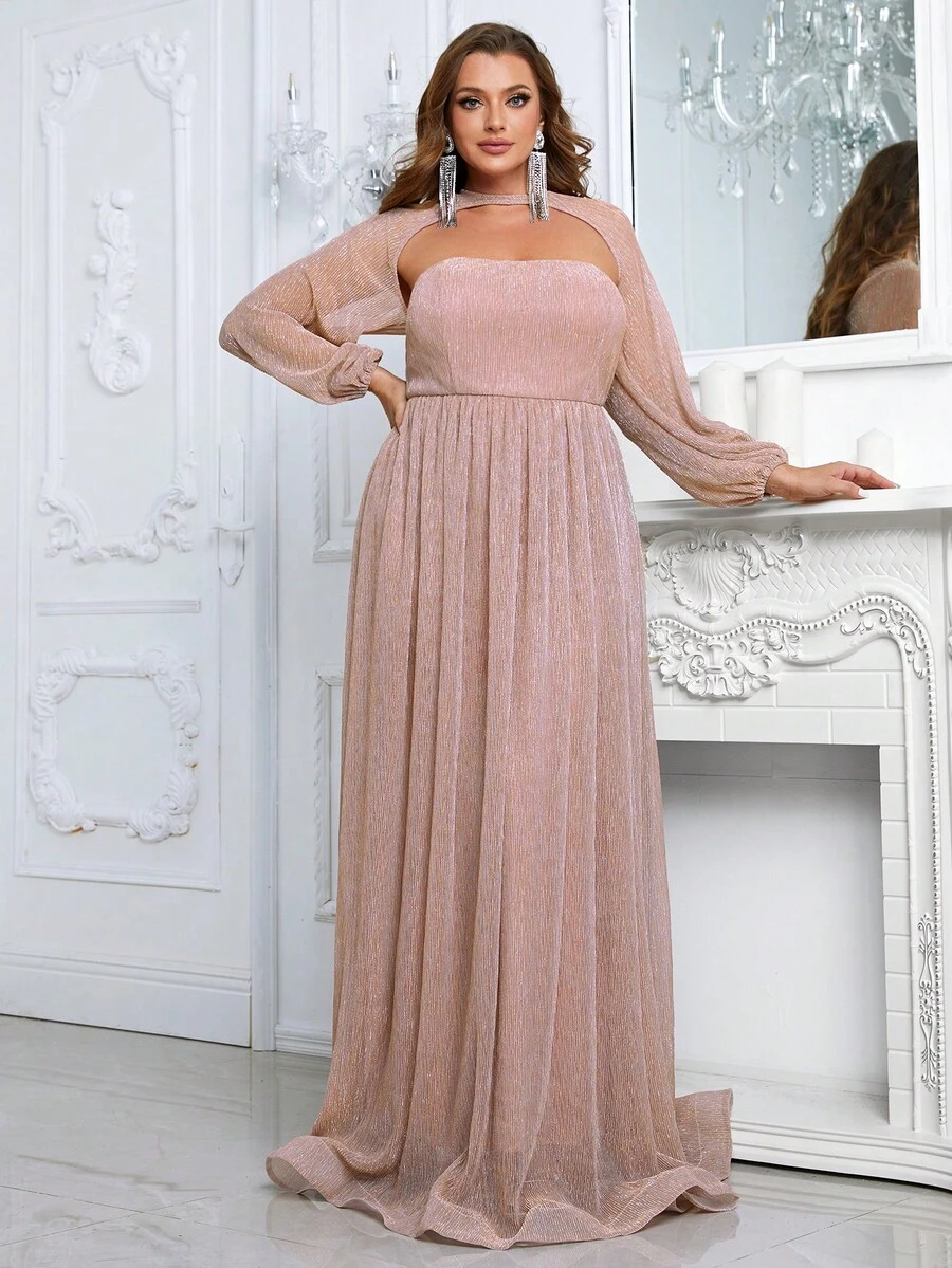 YISIKADO Đầm Plus Size Cắt ra màu trơn Buổi tiệc - Bụi hồng - Xem 1