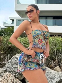 SHEIN SXY con estampado Top de tirantes & de cintura con cordón Shorts