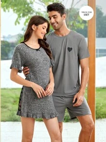 Men 1set Heart Print Tee & Shorts PJ Set / Pajama Set - Grey - View 2