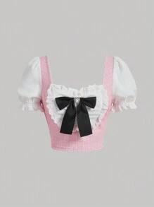 SHEIN MOD 前蝴蝶結網眼刺繡泡泡袖襯衫 - 彩色 - 查看 1