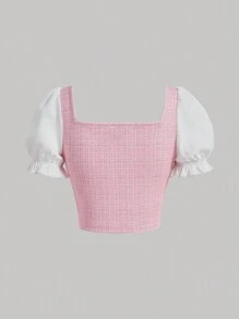 SHEIN MOD 前蝴蝶結網眼刺繡泡泡袖襯衫 - 彩色 - 查看 2