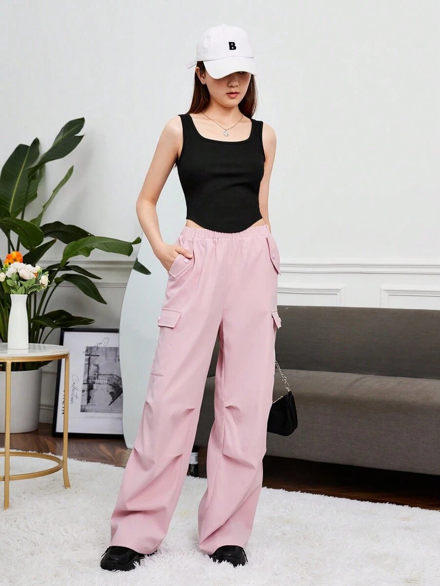 SHEIN 青少年女孩素色背心上衣和側翻蓋口袋工裝褲 - 彩色 - 查看 1