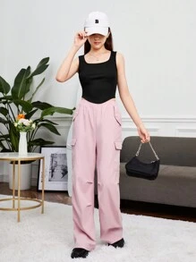 SHEIN 青少年女孩素色背心上衣和側翻蓋口袋工裝褲 - 彩色 - 查看 3