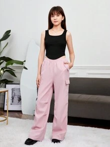 SHEIN 青少年女孩素色背心上衣和側翻蓋口袋工裝褲 - 彩色 - 查看 4