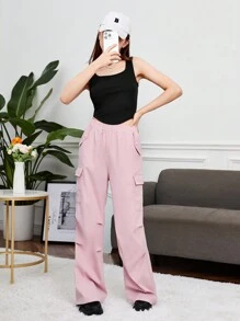 SHEIN 青少年女孩素色背心上衣和側翻蓋口袋工裝褲 - 彩色 - 查看 5