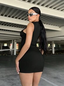 SHEIN SXY Summer Mock Neck Ruched Side Bodycon Dress - Black - View 2