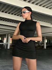 SHEIN SXY Summer Mock Neck Ruched Side Bodycon Dress - Black - View 3