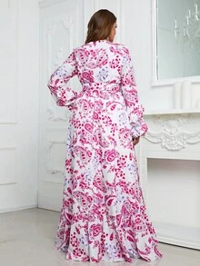 YISIKADO 大碼印花荷葉邊腰帶伴娘洋裝 - 玫紅色 - 查看 2