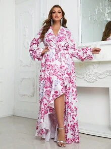 YISIKADO 大碼印花荷葉邊腰帶伴娘洋裝 - 玫紅色 - 查看 3