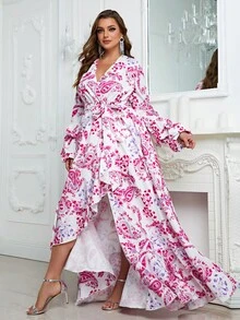 YISIKADO 大碼印花荷葉邊腰帶伴娘洋裝 - 玫紅色 - 查看 4