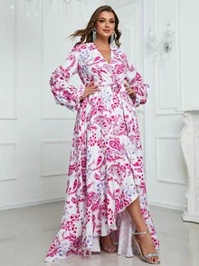 YISIKADO 大碼印花荷葉邊腰帶伴娘洋裝 - 玫紅色 - 查看 5