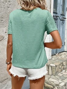 SHEIN LUNE Áo thun nữ Tương phản ren màu trơn Giải trí - Màu xanh Bạc hà - Xem 2