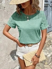 SHEIN LUNE Áo thun nữ Tương phản ren màu trơn Giải trí - Màu xanh Bạc hà - Xem 6