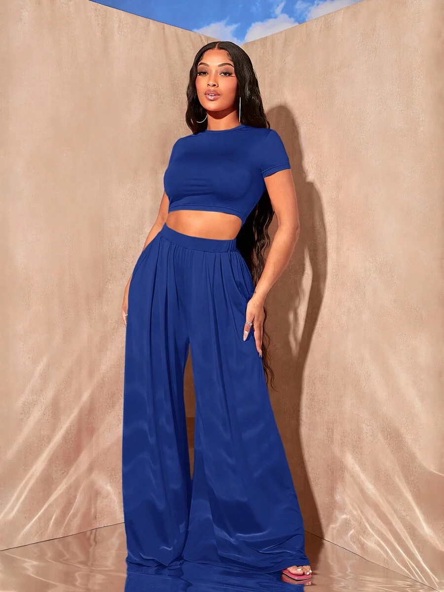 SHEIN SXY Solid Crop Top & Wide Leg Trousers - Royal Blue - View 1