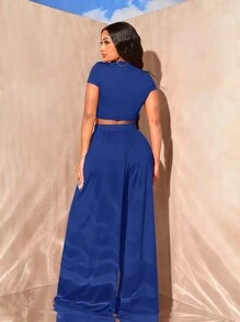 SHEIN SXY Solid Crop Top & Wide Leg Trousers - Royal Blue - View 2
