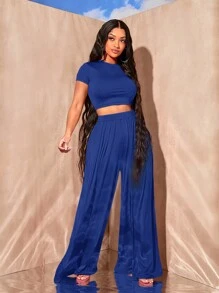 SHEIN SXY Solid Crop Top & Wide Leg Trousers - Royal Blue - View 4