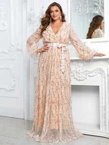 YISIKADO 大碼燈籠袖腰帶亮片正式連衣裙 - 香檳色 - 查看 1