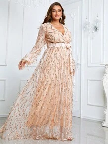 YISIKADO 大碼燈籠袖腰帶亮片正式連衣裙 - 香檳色 - 查看 3