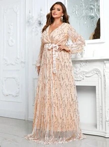 YISIKADO 大碼燈籠袖腰帶亮片正式連衣裙 - 香檳色 - 查看 4