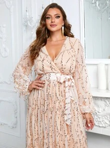 YISIKADO 大碼燈籠袖腰帶亮片正式連衣裙 - 香檳色 - 查看 6