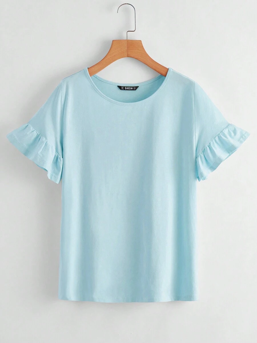 SHEIN LUNE Áo thun nữ Xù màu trơn Giải trí - Màu xanh nhạt - Xem 1