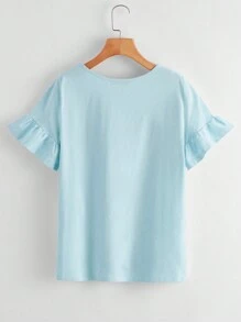 SHEIN LUNE Áo thun nữ Xù màu trơn Giải trí - Màu xanh nhạt - Xem 2