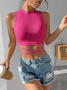 SHEIN PETITE Crisscross Tie Back Crop Tank Top - Hot Pink - View 1