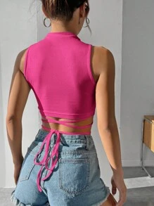 SHEIN PETITE Crisscross Tie Back Crop Tank Top - Hot Pink - View 2