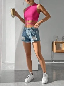 SHEIN PETITE Crisscross Tie Back Crop Tank Top - Hot Pink - View 3