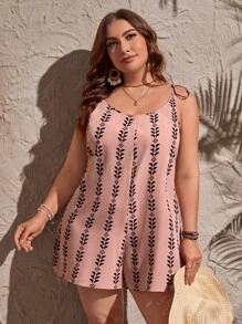 SHEIN LUNE Plus Geo Print Tie Shoulder Cami Romper For Summer - Dusty Pink - View 4