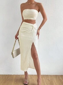 Breezaya 素色抹胸上衣和前扭結高衩半身裙 - 杏色 - 查看 5