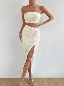 Breezaya 素色抹胸上衣和前扭結高衩半身裙 - 杏色 - 查看 6