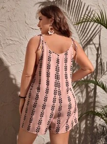 SHEIN LUNE Plus Geo Print Tie Shoulder Cami Romper For Summer - Dusty Pink - View 2