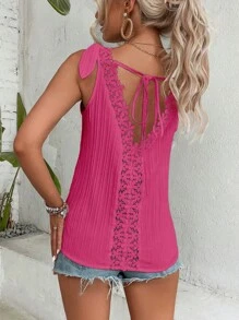 Breezaya Contrast Guipure Lace Tie Back Blouse - Hot Pink - View 6
