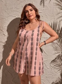 SHEIN LUNE Plus Geo Print Tie Shoulder Cami Romper For Summer - Dusty Pink - View 3