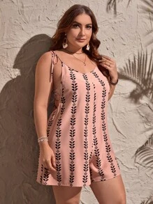SHEIN LUNE Plus Geo Print Tie Shoulder Cami Romper For Summer - Dusty Pink - View 6