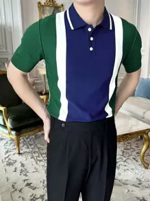 男士撞色Polo領針織上衣 - 墨綠色 - 查看 1