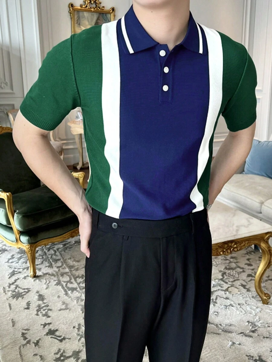 男士撞色Polo領針織上衣 - 墨綠色 - 查看 1