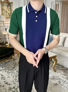 男士撞色Polo領針織上衣 - 墨綠色 - 查看 6