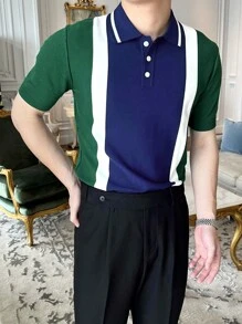 男士撞色Polo領針織上衣 - 墨綠色 - 查看 7