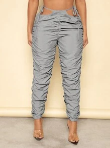 SHEIN SXY Quần nữ Cắt ra Thắt nút Xù màu trơn Giải trí - Xám - Xem 3