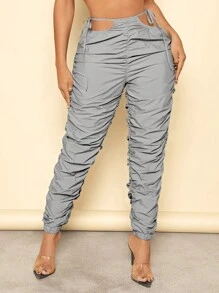 SHEIN SXY Quần nữ Cắt ra Thắt nút Xù màu trơn Giải trí - Xám - Xem 4
